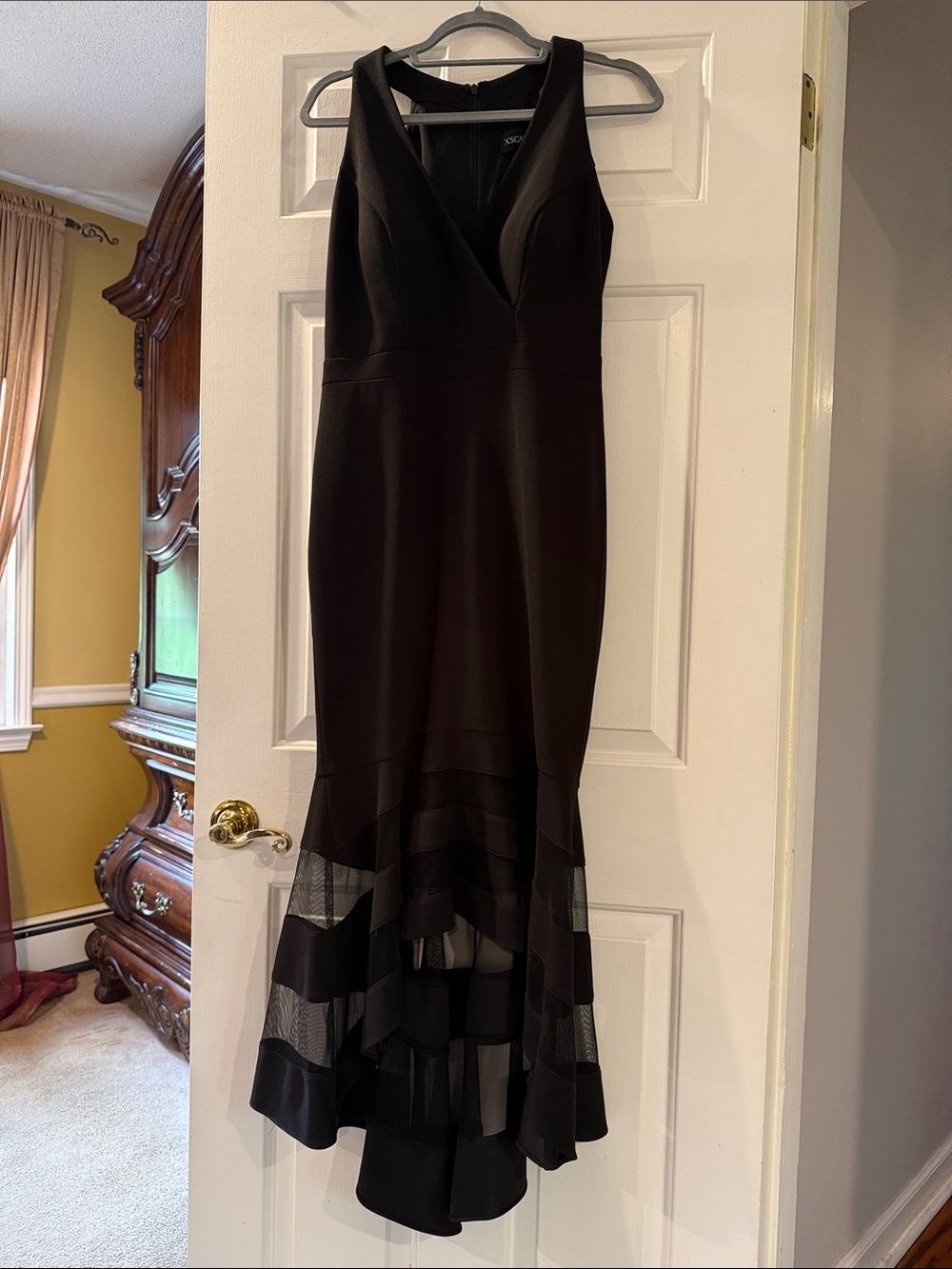 Elegant Black High-Low Evening Dress with Sheer Tiered Hem